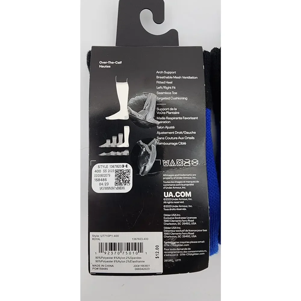 New NWT‎ UA Under Armour Team Cushioned Over the Calf Socks Blue Black 10.5-13
